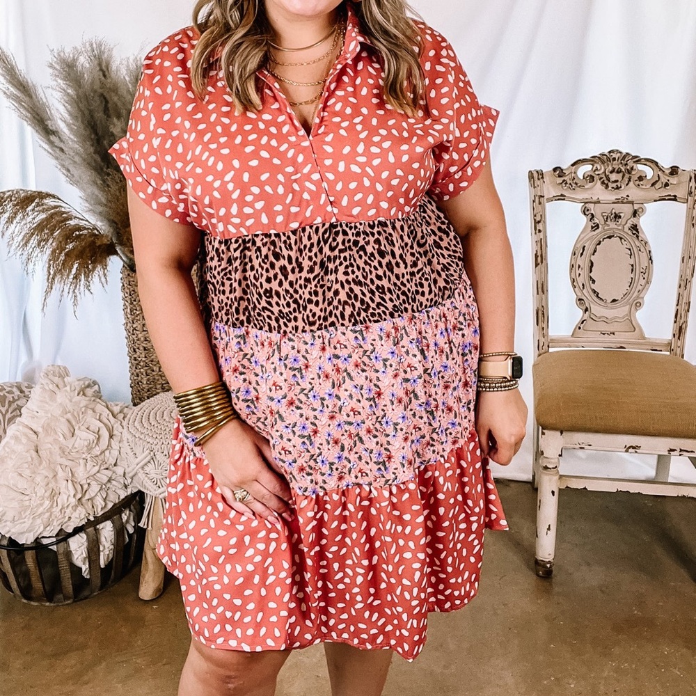 Floral and Animal Print Ruffle Tiered Dress in Salmon. NWOT. medium. Never worn.